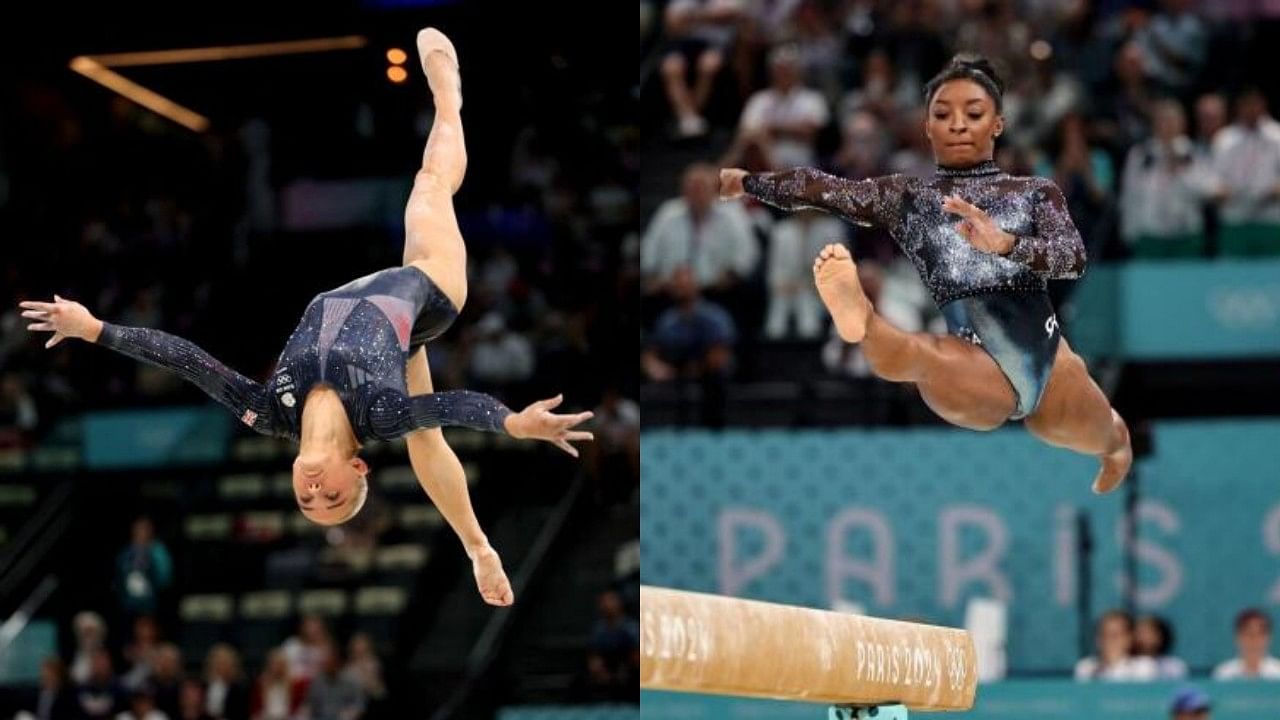 <div class="paragraphs"><p>(L)&nbsp;Ruby Evans of Britain and (R)&nbsp;Simone Biles of United States in action on the Balance Beam during Paris Olympics 2024.</p></div>